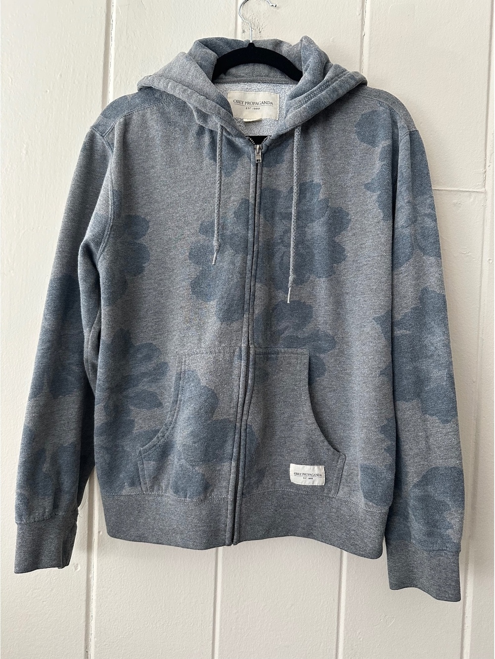 Obey Seygrid Floral Tonal Pattern Full Zip Hoodie Gunmetal Grey Blue Size Medium